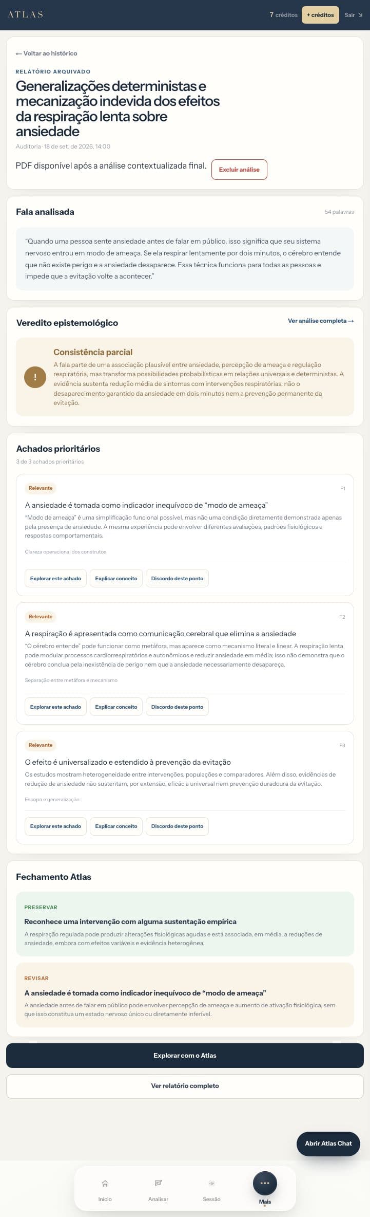 Relatório real do Atlas com veredito e achados prioritários